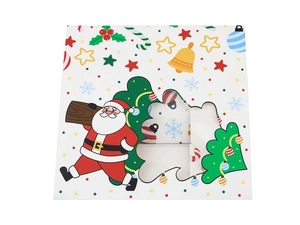 Detailed view of Christmas candy box with tree-shaped window and Santa Claus illustrations