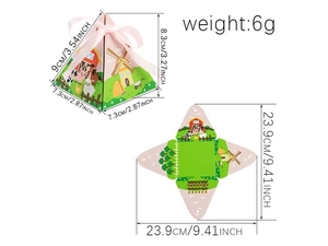 Detailed dimensions of farm animal triangle gift box with pink ribbon and cute cow pattern