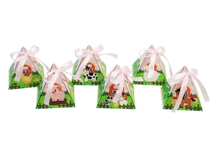 Set of pyramid farm animal gift boxes with cartoon patterns and pink satin ribbons