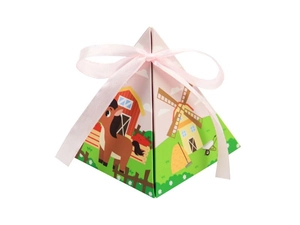 Pyramid-shaped farm animal treat box featuring cartoon horses and a pink satin ribbon bow