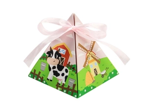 Detail of pyramid gift box featuring cartoon farm animals and pink silk ribbon bow