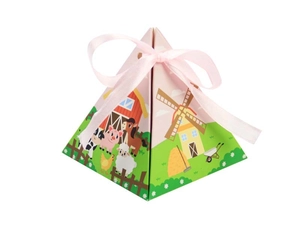 Detail view of pyramid farm animal candy box with cute barnyard print and pink ribbon
