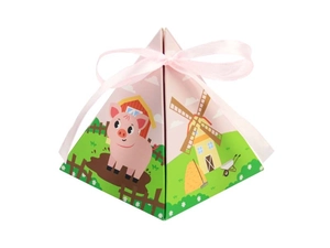 Close-up of pyramid favor box with farm animals theme and a pink satin ribbon