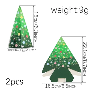 Christmas tree shaped gift box with dimensions and 2-piece set info on white background
