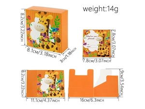 Détails du coffret cadeau girafe montrant le modèle 3D, le plan plat et les dimensions