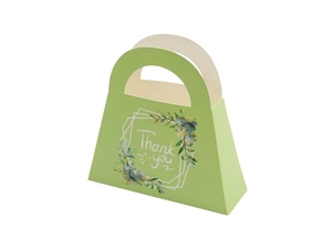 Detail der hellgrünen Gastgeschenk-Box mit Thank You Aufdruck und Blumenmotiven