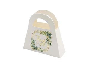 Detail einer weißen Hochzeit-Geschenkbox mit Griff und goldenem Thank You Aufdruck