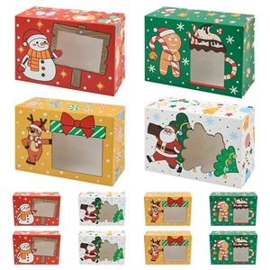 Set of Christmas cardboard gift boxes with PVC windows featuring reindeer and snowmen