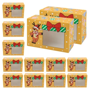 Yellow Christmas reindeer treat boxes with transparent window and red bow decoration