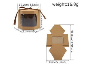Detail of brown kraft gift box with window, showing flat and assembled sizes