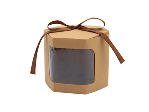 Detail of hexagonal kraft gift box with clear window and dark brown ribbon bow tie
