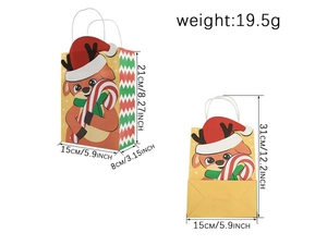 Detailed size chart of a yellow Christmas reindeer paper gift bag with dimensions and weight