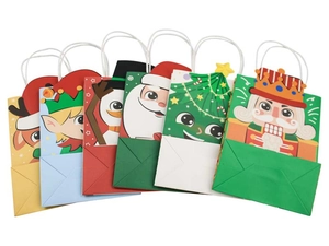 Detailed set of 6 kraft Christmas gift bags featuring reindeer, elf, and santa patterns