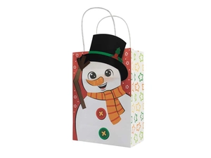 Detail of Christmas kraft paper gift bag with snowman illustration and white rope handles