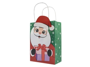 Detailed view of Christmas kraft paper bag with Santa Claus print and sturdy white handles
