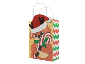 Detail of Christmas reindeer kraft paper gift bag with white rope handle and wavy patterns