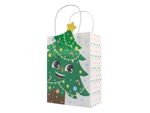 Macro view of Christmas gift bag detail featuring cartoon tree and white rope handles