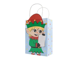 Close-up of a blue Christmas gift bag with a cartoon elf illustration and white rope handles