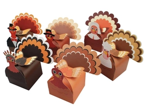 Macro detail of Thanksgiving turkey candy gift boxes with festive 3D fan-shaped tail design