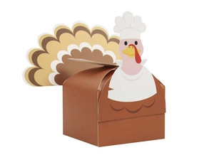 Detailed view of turkey-shaped Thanksgiving candy boxes with square base and chef hat