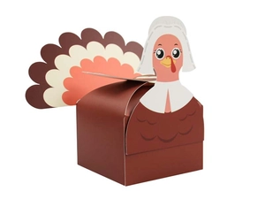 Detailed view of turkey-shaped Thanksgiving gift box with colorful tail and pilgrim hat