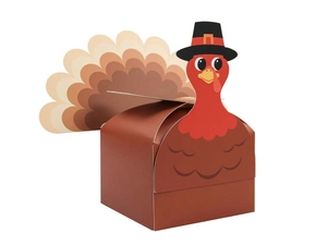 Detailed view of turkey-shaped Thanksgiving gift box with 3D colorful tail and hat design