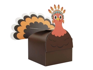 Detail of square turkey gift box with colorful feathers and matte cardboard texture
