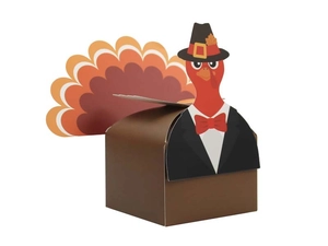 Detail view of square Thanksgiving turkey gift box with folded cardstock feathers