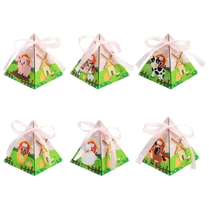 Farm Animal Theme Pyramid Paper Gift Box With Pink Ribbon Cartoon Pig Cow For Kids Birthday Party Favors Candy Packaging