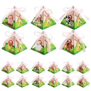 Farm animal themed triangular favor boxes with pink ribbons for party candy and small gifts