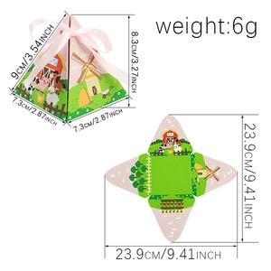 Cartoon farm animal pyramid gift box with pink ribbon including flat unfolded template