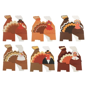 Set of 6 assorted Thanksgiving turkey candy gift boxes with festive pilgrim and chef hats