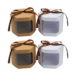 Hexagon Kraft Paper Gift Box With PVC Window Satin Bow Tie Foldable Creative Candy Favor Box For Wedding Birthday Party Packaging