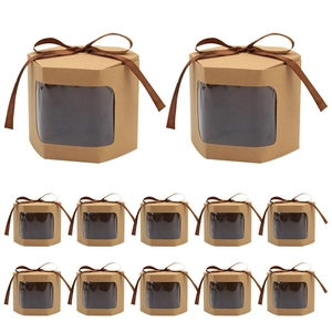 Brown hexagonal kraft gift boxes with transparent windows and brown ribbon bows
