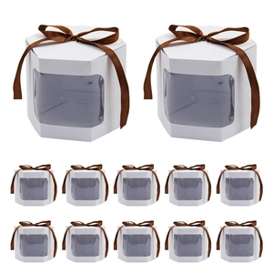 Hexagon gift boxes with windows and brown ribbons, 12-piece set of white cardboard packaging