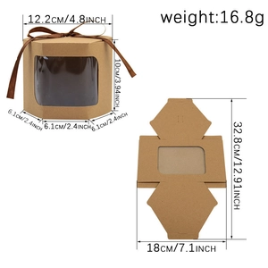 Hexagonal kraft gift box with PVC window and brown ribbon, 12.2x10cm packaging dimensions