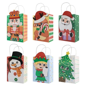 Christmas Kraft Paper Gift Bags With Handles Cartoon Santa Claus Snowman Reindeer Nutcracker Elf Print Party Favor Bags