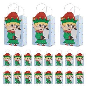 Christmas kraft paper gift bags with cartoon elf and white handles for holiday packaging
