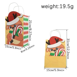 Christmas kraft paper gift bag with cute reindeer pattern and handle dimensions shown