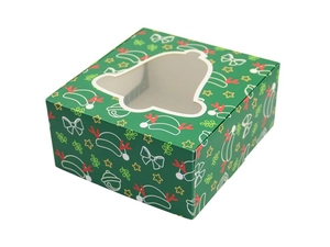 Détail de la boîte cadeau de Noël verte avec fenêtre en PVC en forme de cloche et motifs festifs