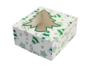 Détail de la boîte de Noël avec motifs sapins verts et fenêtre PVC transparente