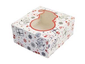 Détail de la boîte cadeau de Noël avec fenêtre bonhomme de neige et motifs festifs