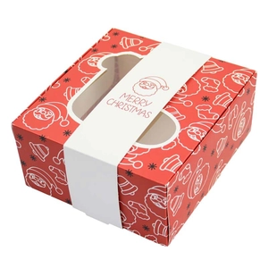 Boîte de Noël rouge carrée avec fenêtre en PVC et pochette Merry Christmas festive
