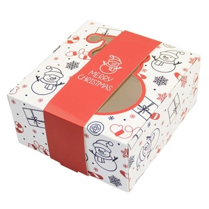Boîte à bonbons de Noël avec fenêtre PVC et bandeau rouge Joyeux Noël et bonshommes