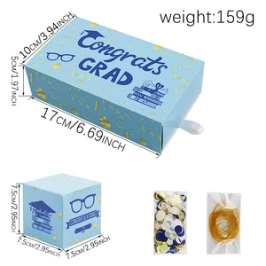 Detailed dimensions of blue graduation surprise gift box set with confetti and bands