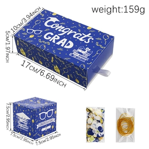 Detail view of navy blue graduation surprise box set with confetti and dimension labels