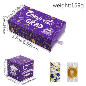 Detail view of graduation surprise gift box set with Congrats Grad patterns and accessories