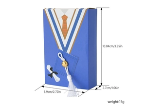 Detailed view of blue graduation candy box dimensions 10.04x6.9x2.7cm and 15g weight