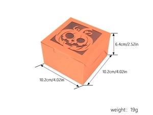 Detail view of orange Halloween gift box featuring a pumpkin cutout and 4x4x2.5 inch size