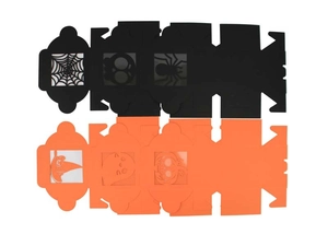 Detailed laser-cut Halloween gift boxes with spider and pumpkin patterns in black and orange